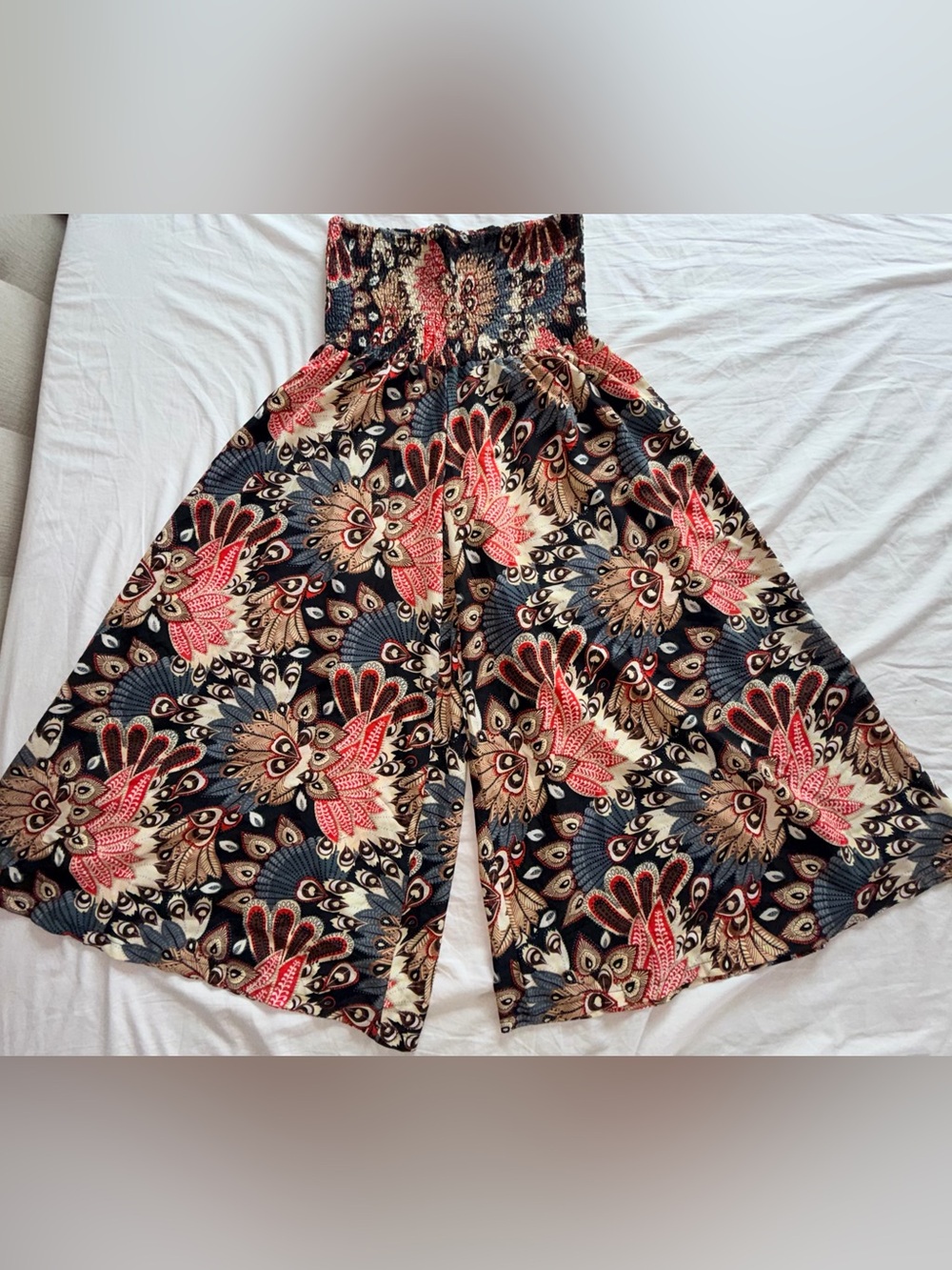 Boho Wide Leg Printed Palazzo Pants - Peacock Floral - Picture 2 of 12